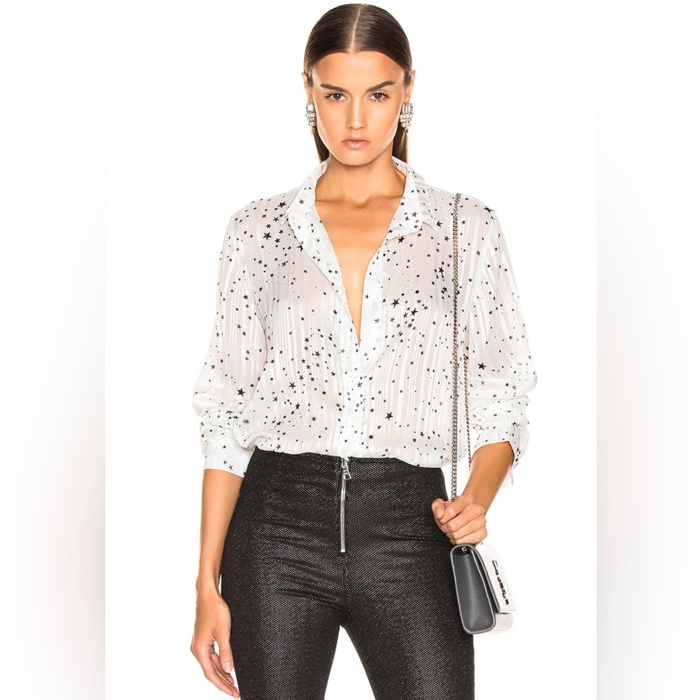 RTA Blythe Star Patterned White Black Metallic Button Up Blouse Size XXS